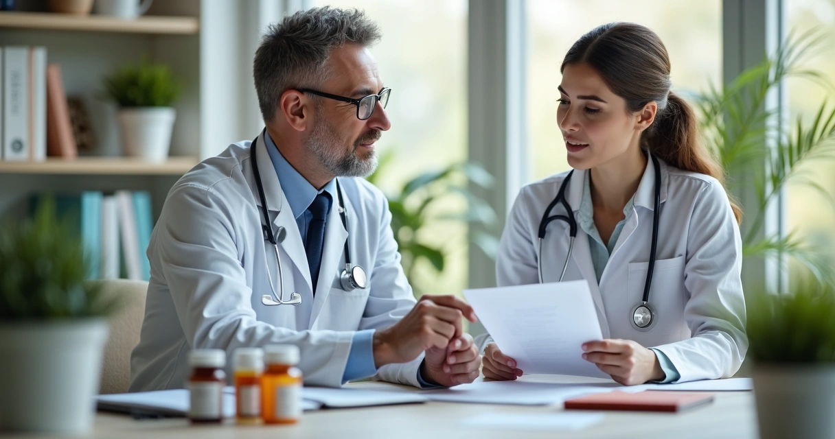 Médico atendendo paciente em consulta, discutindo medicamentos manipulados