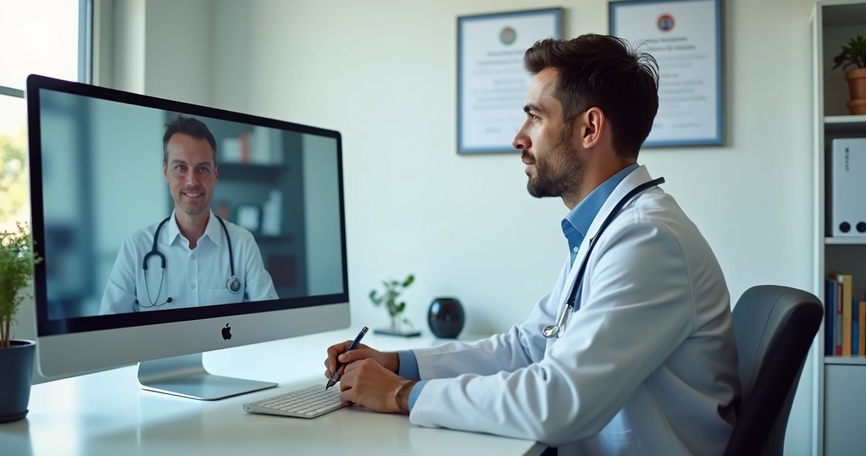 Médico usando computador para teleconsulta