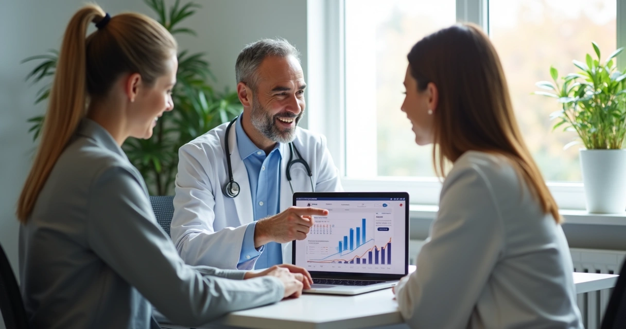 Médico analisando gráficos de redes sociais em notebook com paciente ao lado 