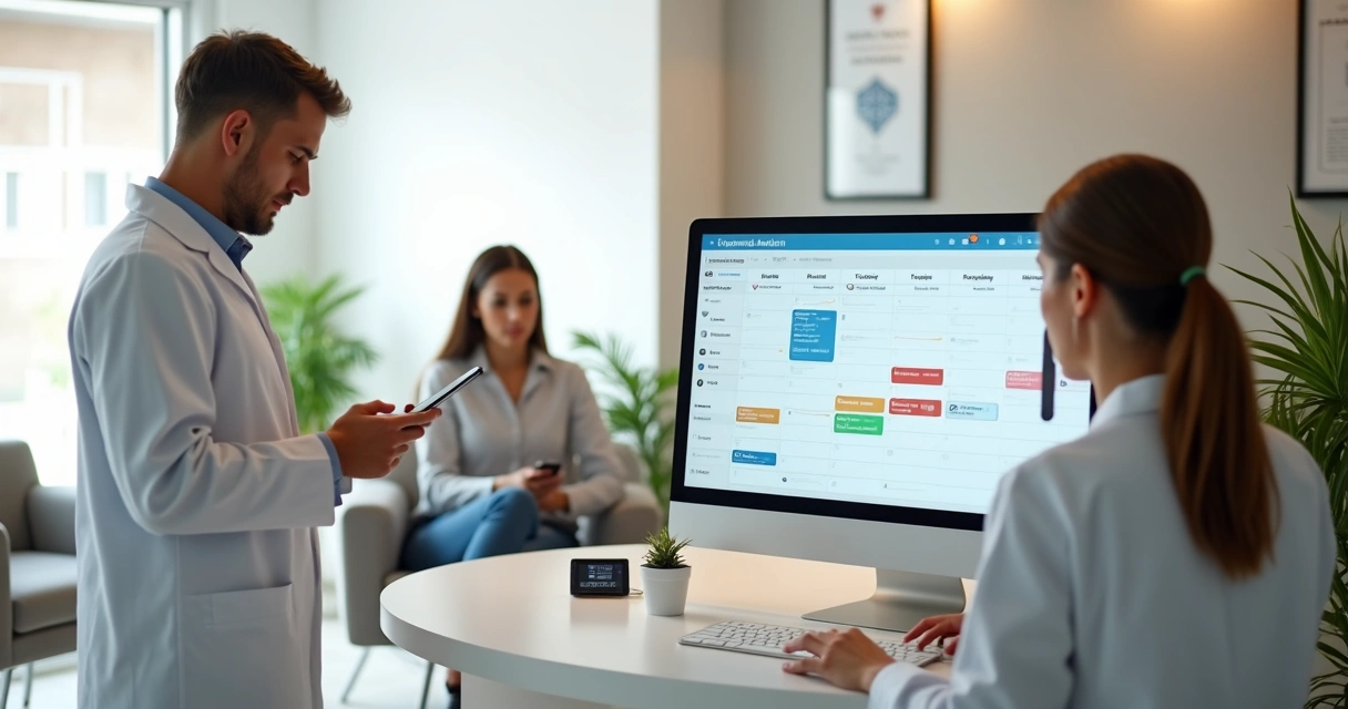 Médico em consultório olhando agenda digital com paciente e horários organizados 