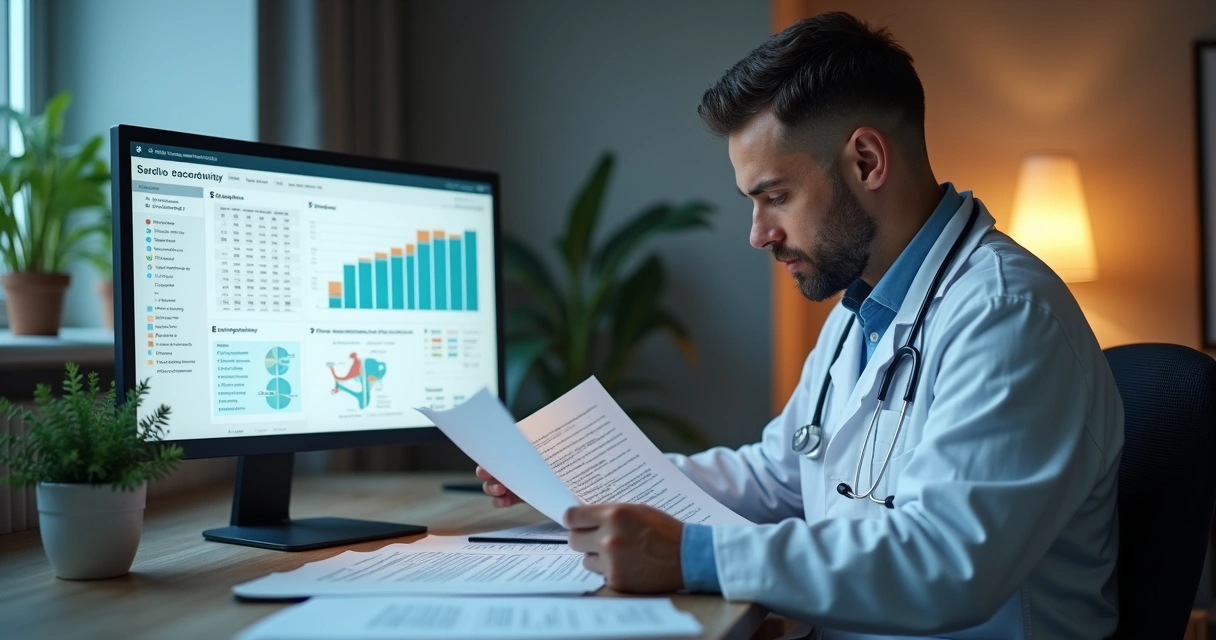 Médico com jaleco analisando documentos contábeis em consultório moderno, com computador e papéis organizados 