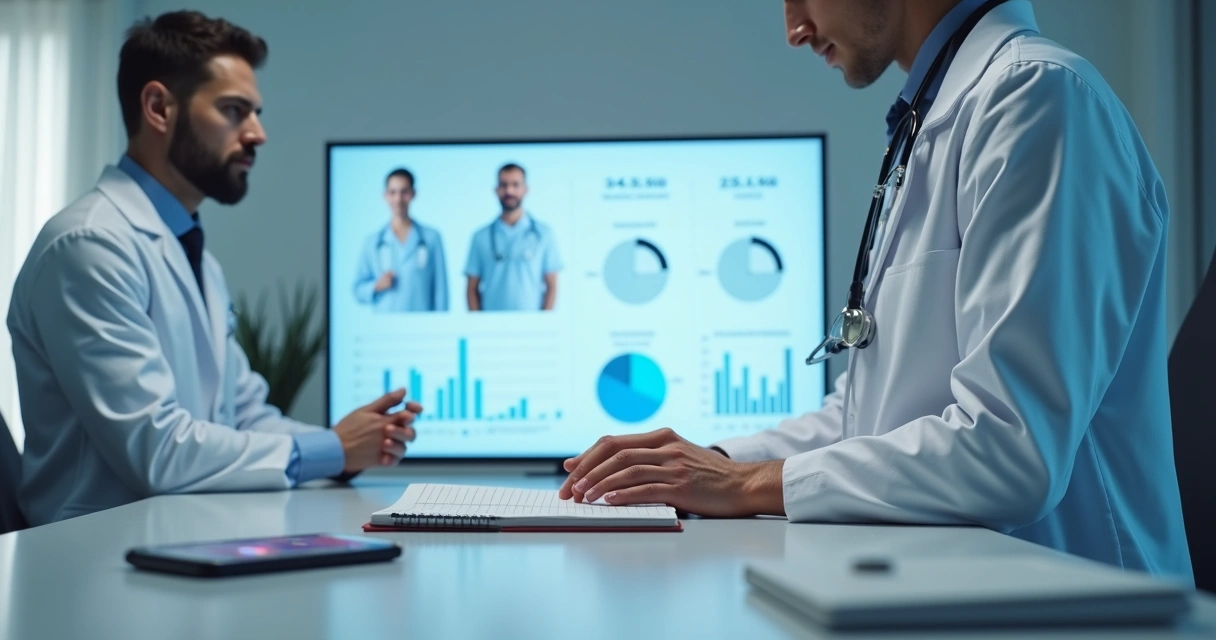 Consultório médico moderno com médico em frente a painel digital com gráficos e perfis de pacientes 