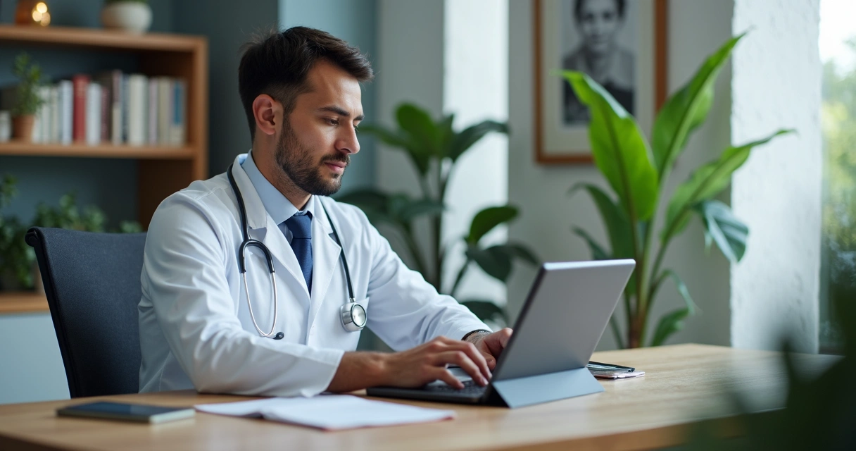 Médico usando tablet em consultório com tela mostrando Instagram 