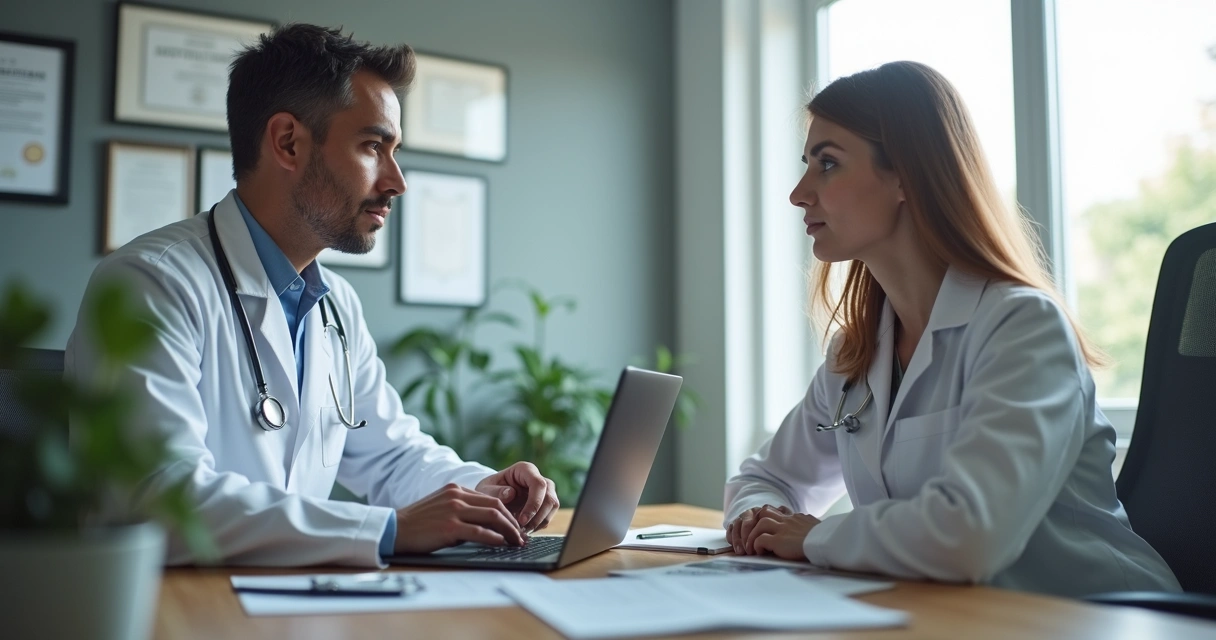 Médico em consultório conversando com paciente e digitando em laptop