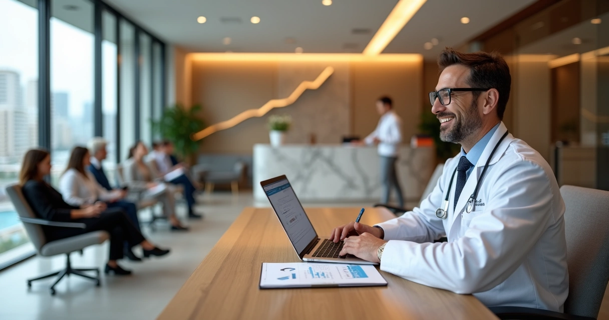 Médico atendendo paciente em consultório moderno com sala de espera cheia 