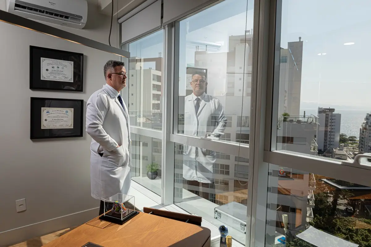 Dr. Marcelo Mandelli de jaleco branco olhando pela janela alta em consultório moderno com vista urbana