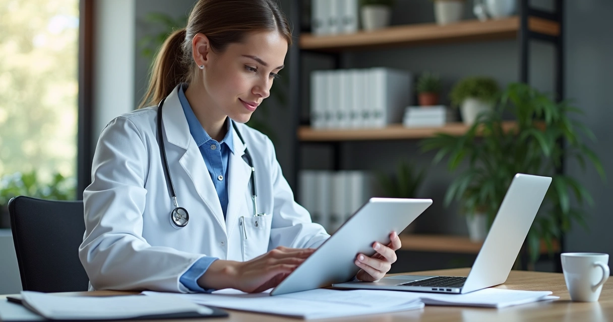 Médico usando planilha contábil digital no consultório 