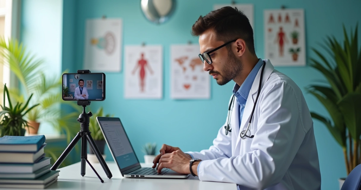 Médico produzindo conteúdo educativo em vídeo 