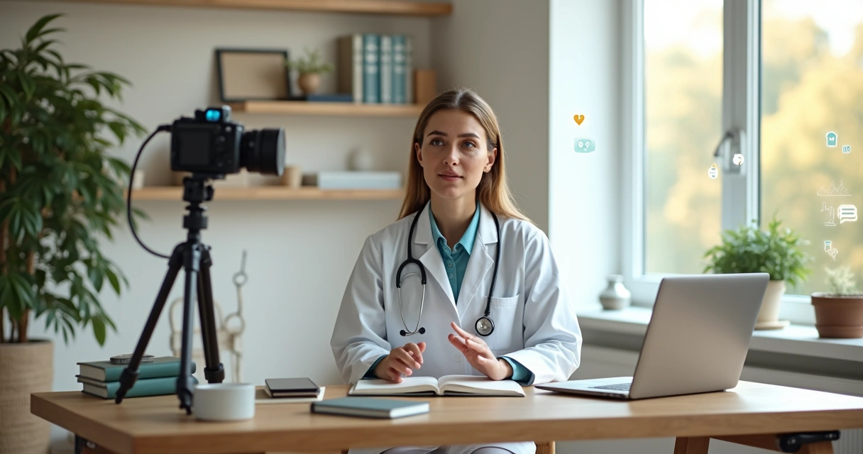 Médica grava explicação em vídeo com ícones de pacientes ao redor 