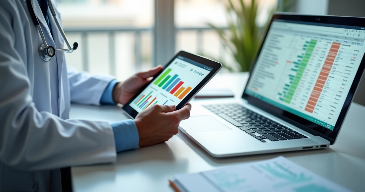 Médico analisando finanças em tablet e planilha na mesa 