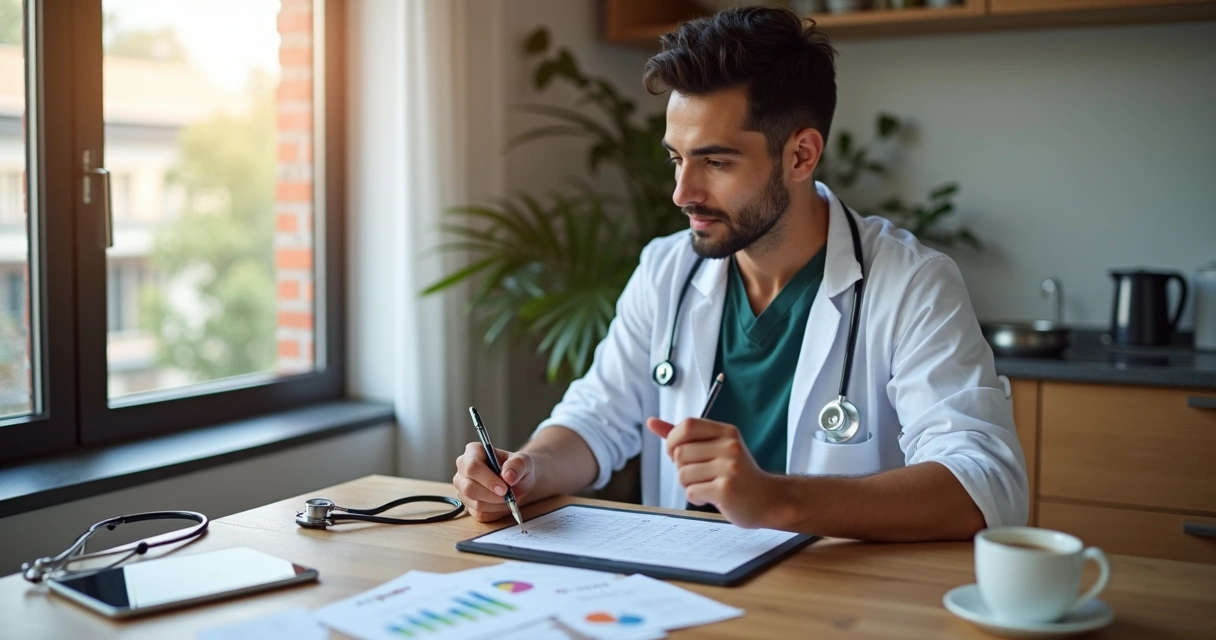 Médico sentado à mesa com planilha, analisando despesas pessoais e profissionais 