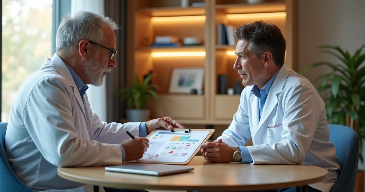 Médico em consultório confortável conversando com paciente particular 