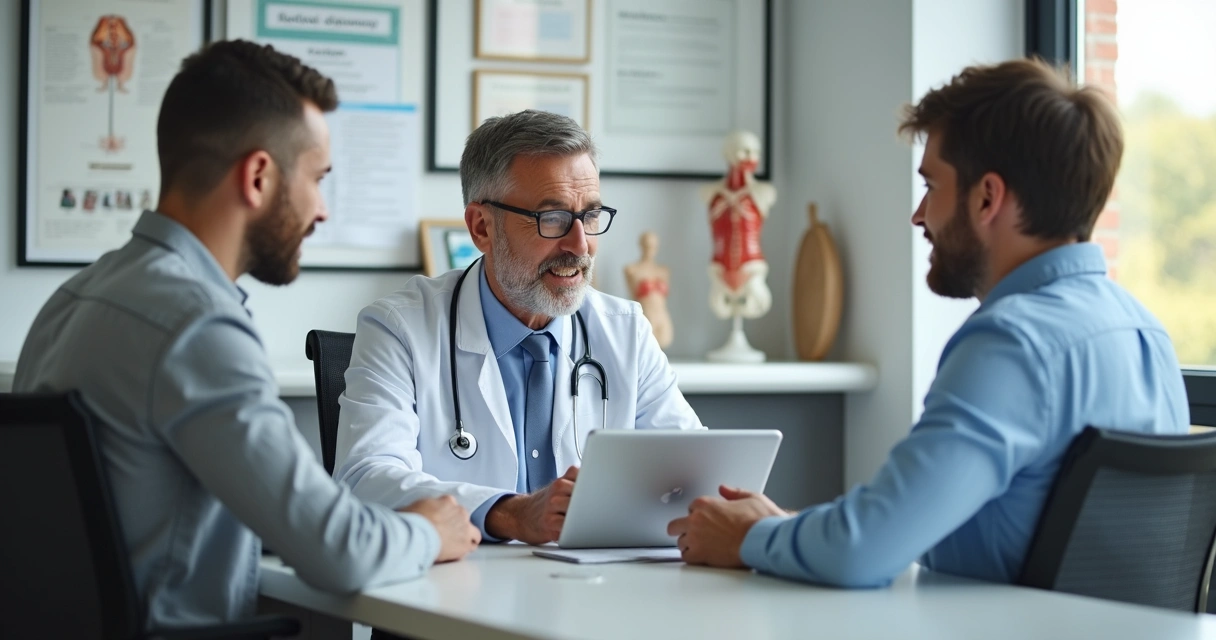 Médico em consultório de urologia conversando com paciente sentado 