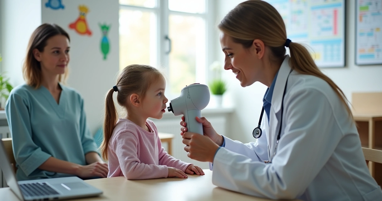 Médico realiza espirometria em menina sentada 