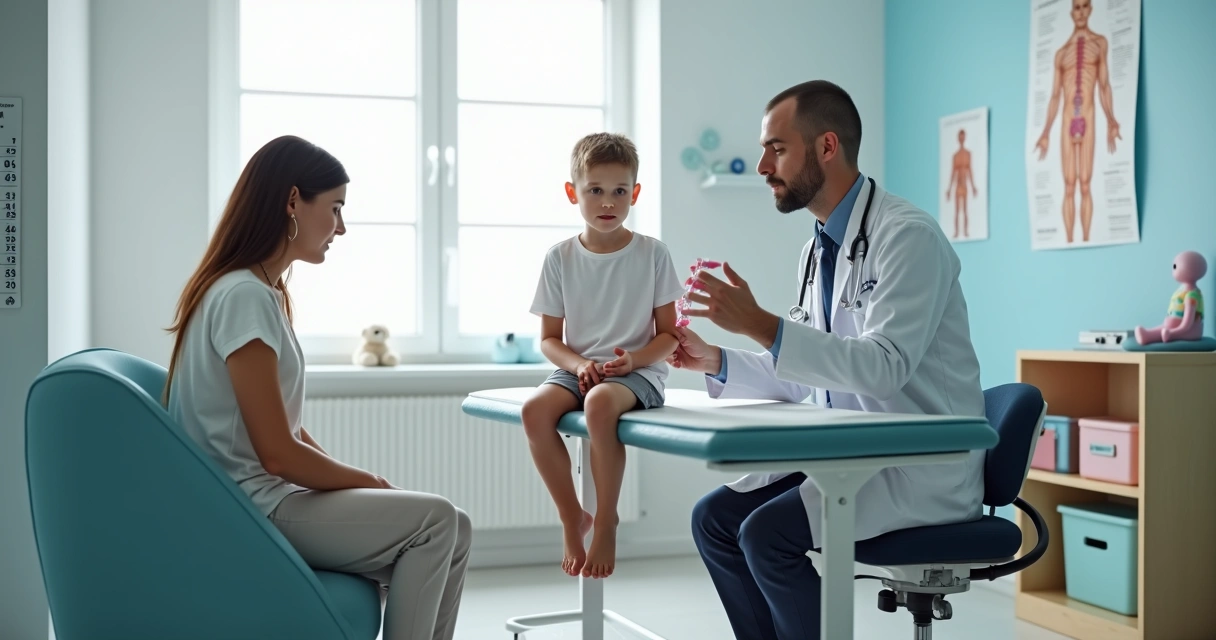 Pediatra examinando genitália de menino com orquidômetro em consultório infantil 