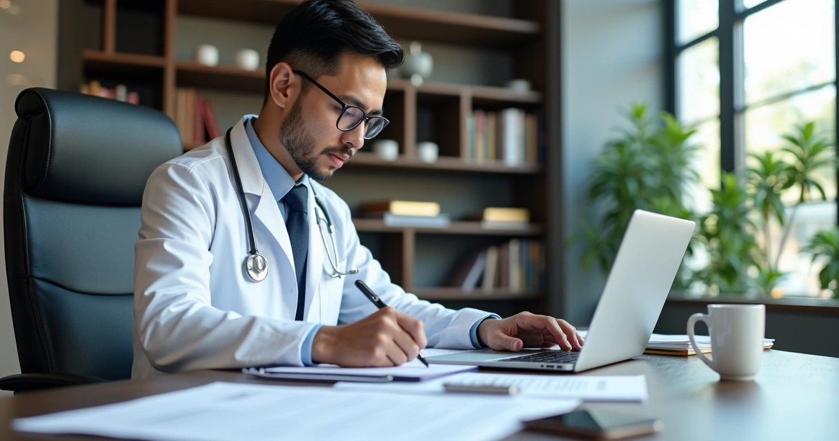 Médico preenchendo formulário de abertura de CNPJ no computador 