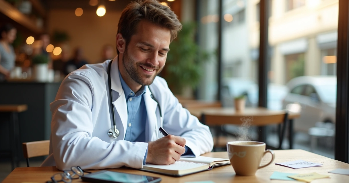 Medico relaxado escrevendo ideias de conteudo em cafeteria aconchegante 