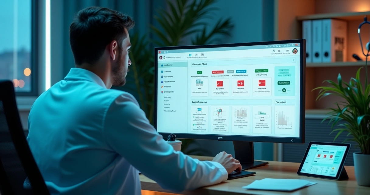 Médico analisando painel digital de CRM com pacientes e dados na tela 