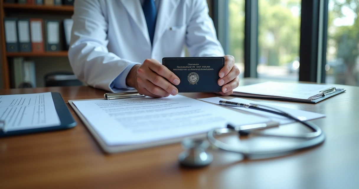 Mãos de médico colocando carteira do CRM sobre mesa com documentos e estetoscópio 