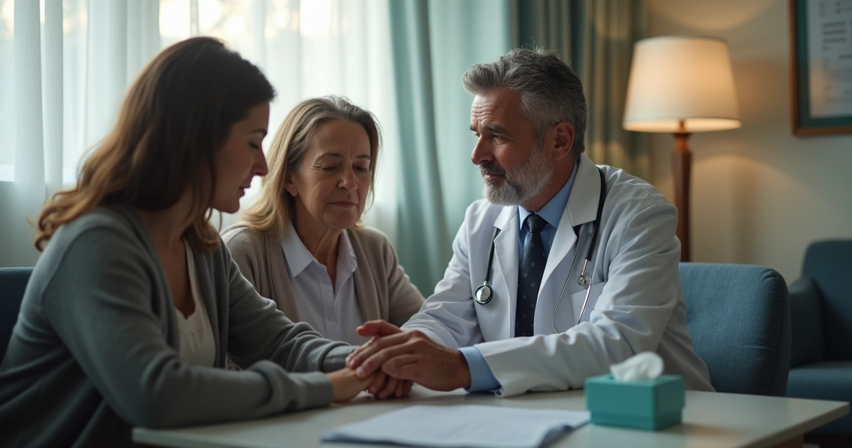 Médico conforta família sentada em sala reservada 