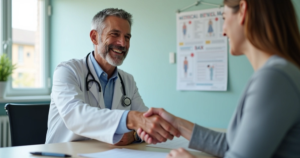 Médico apertando a mão de paciente em consultório, ambos sorrindo 