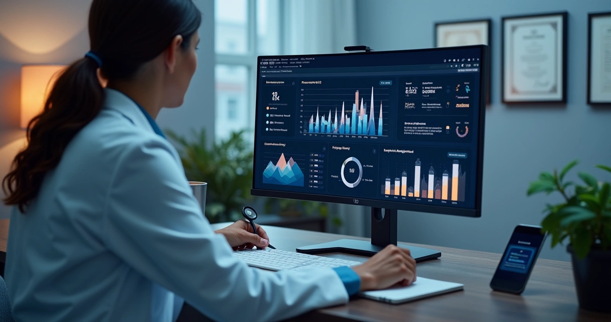 Profissional de saúde em consultório moderno acompanhando indicadores reais em painel digital 
