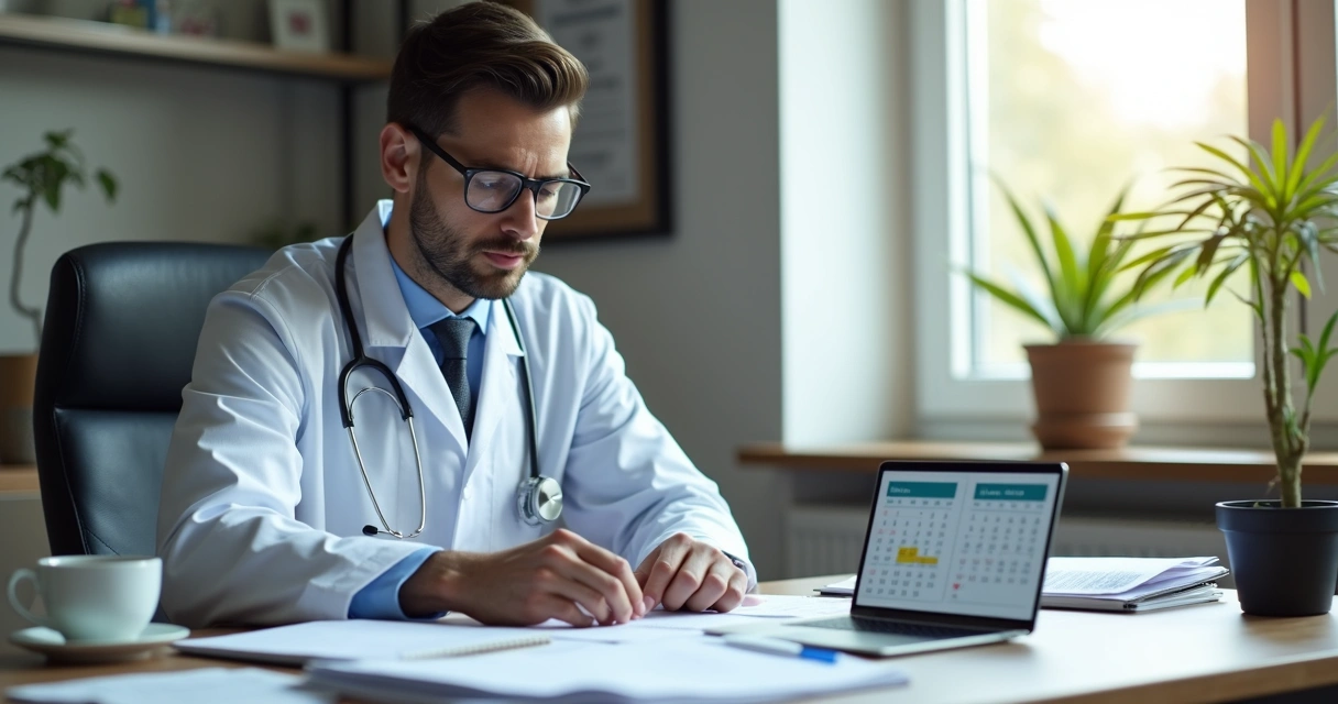 Médico sentado com notebook, analisando documentos fiscais 