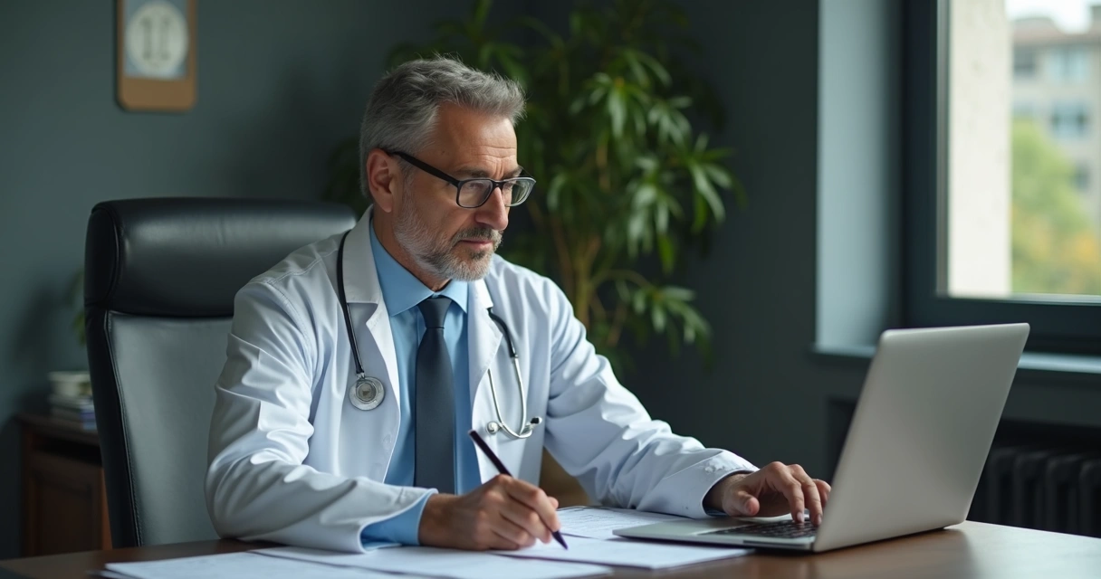 Médico sentado em mesa organizada com laptop e documentos fiscais, declarando imposto de renda 