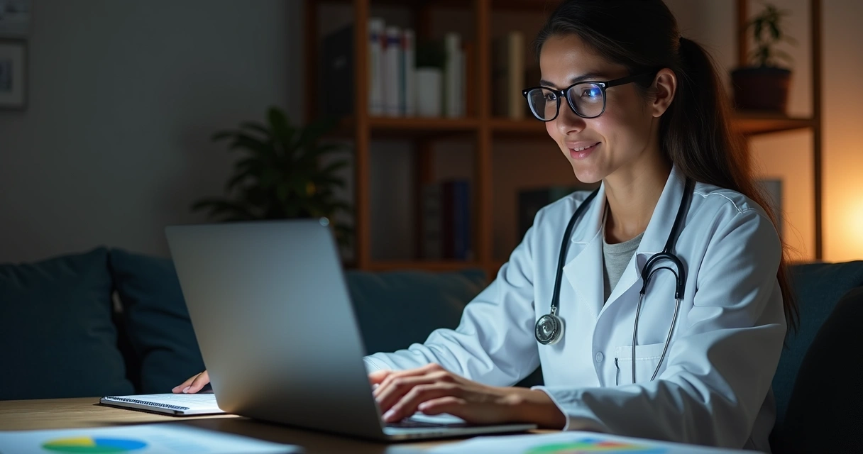 Médica estudando sobre finanças pessoais em casa 