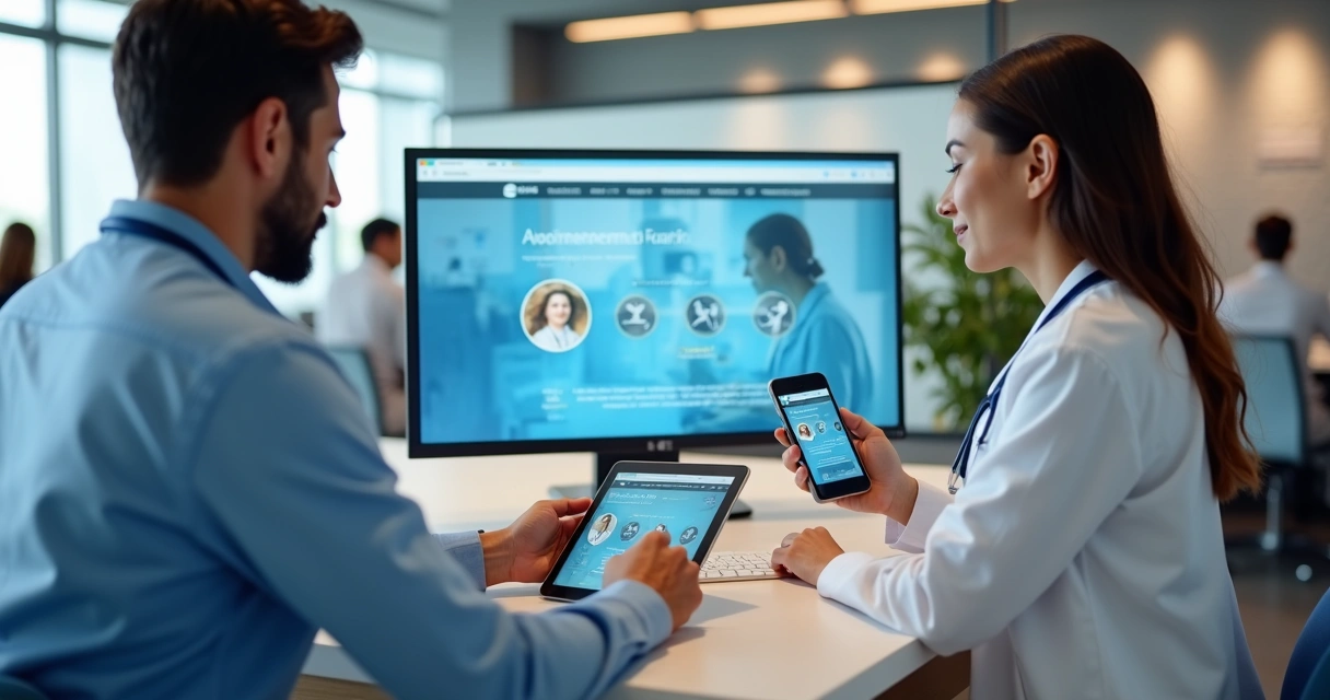 Médico acessando site em diferentes dispositivos, incluindo celular e tablet 