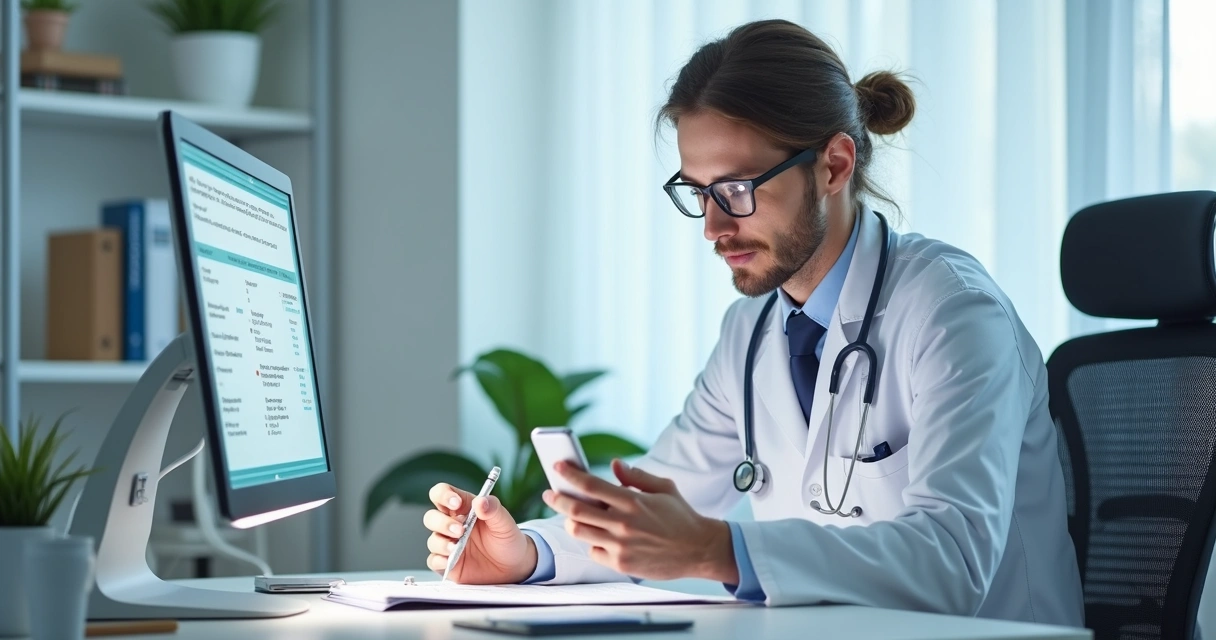 Médico usando reconhecimento de voz no consultório 