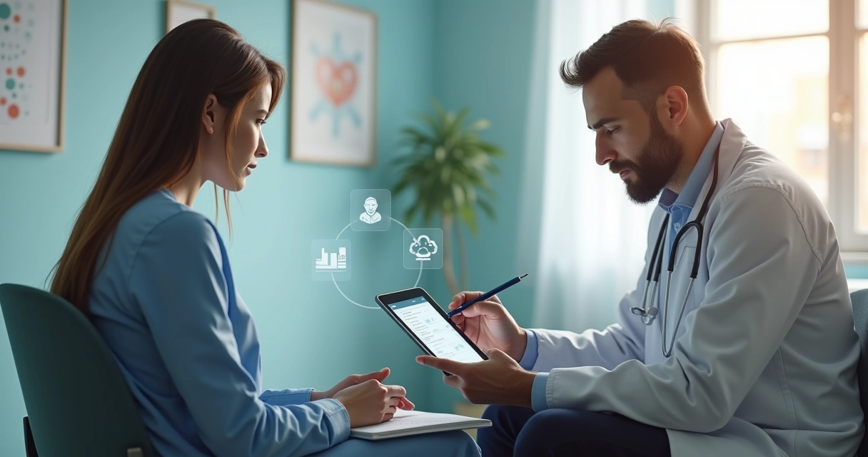 Médico usando tablet para digitalizar anamnese ao lado de paciente 