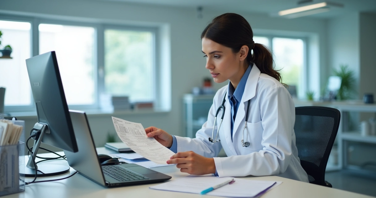 Médico digitalizando notas de pagamento em clínica 