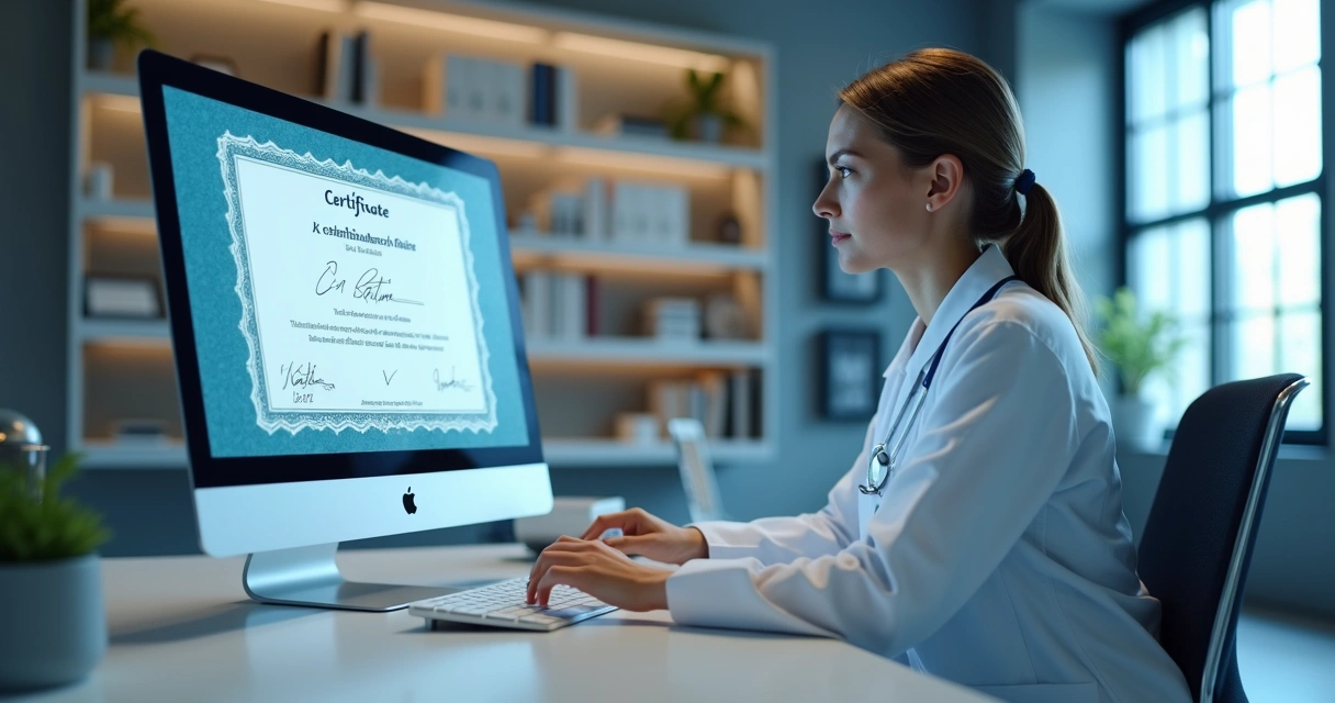 Médico digitando em computador com certificado digital na tela 