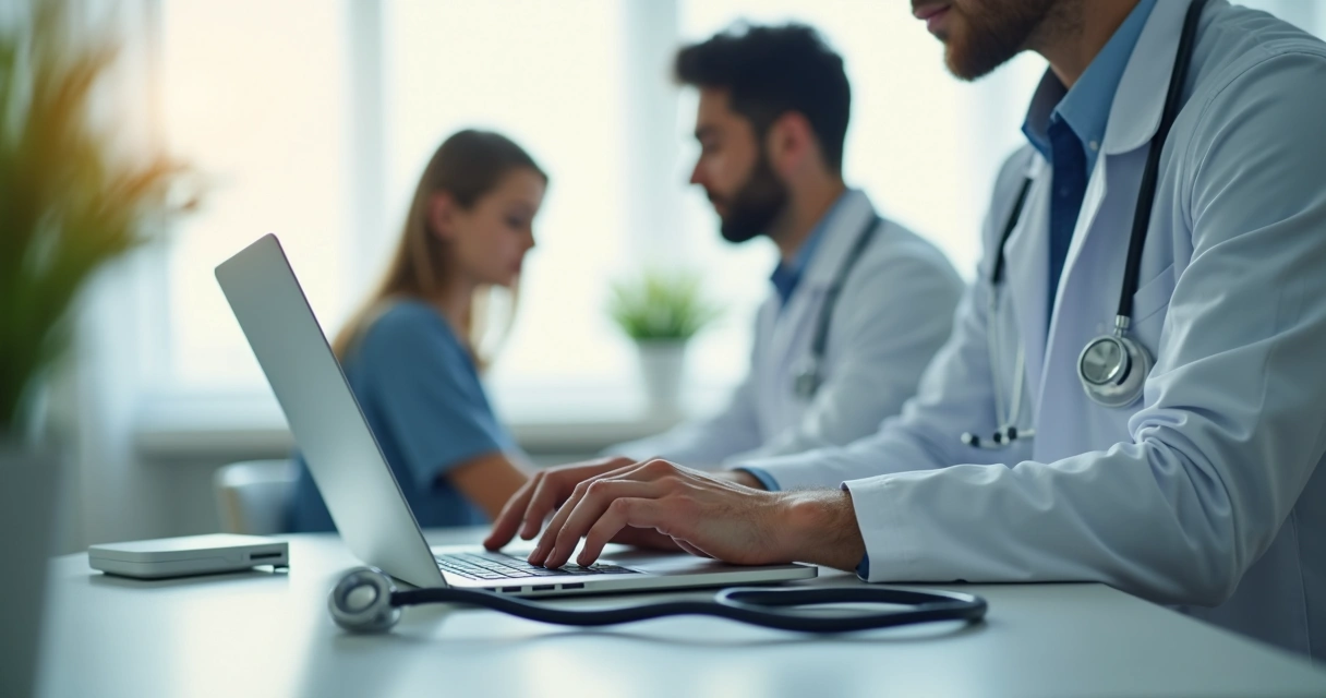 Médico digitando prontuário durante consulta 