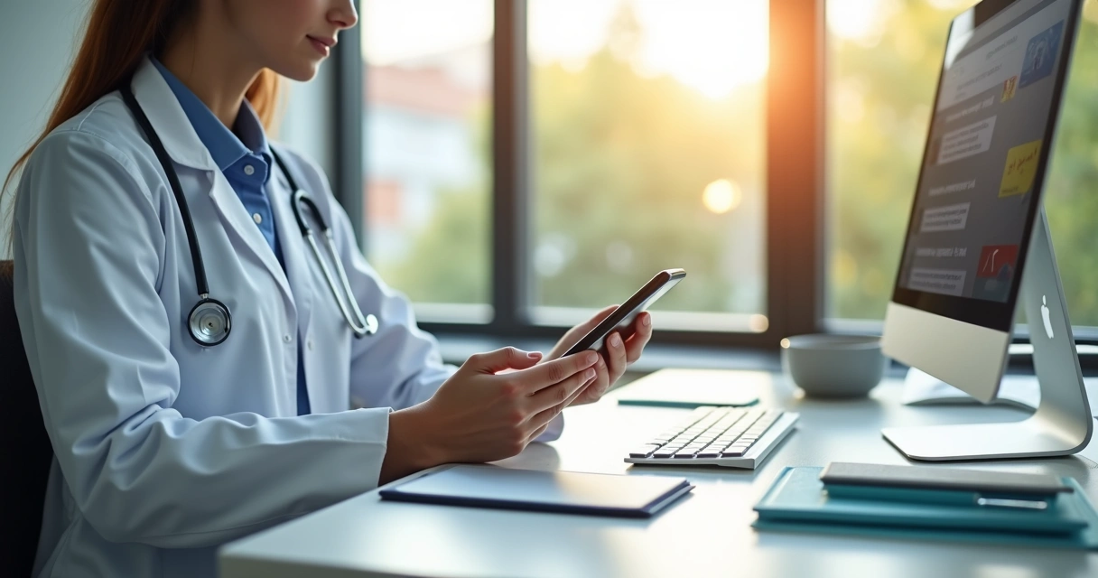 Médico digitando no WhatsApp em consultório 