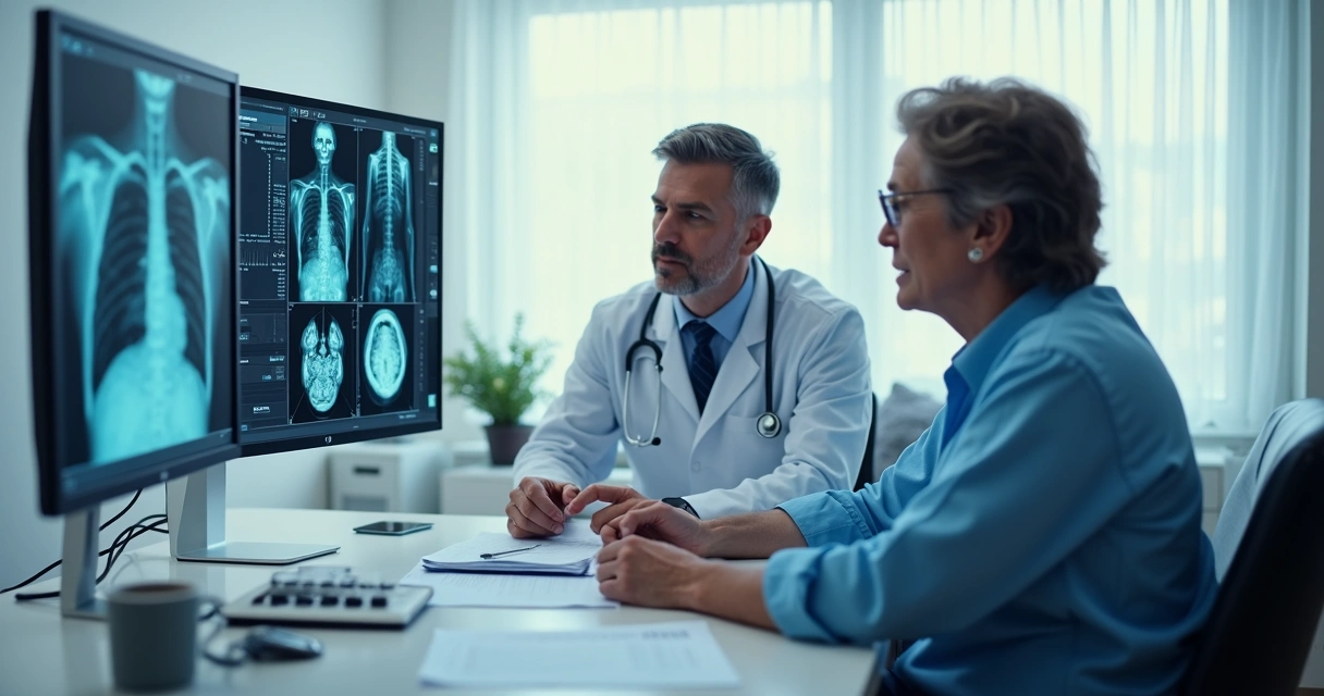 Médico apresenta opções de tratamento para paciente com exames 