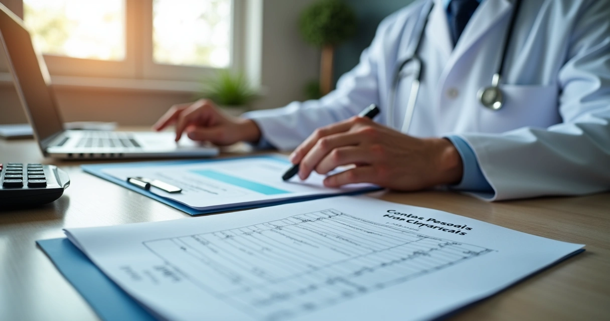 Médico analisando documentos financeiros em mesa de consultório 