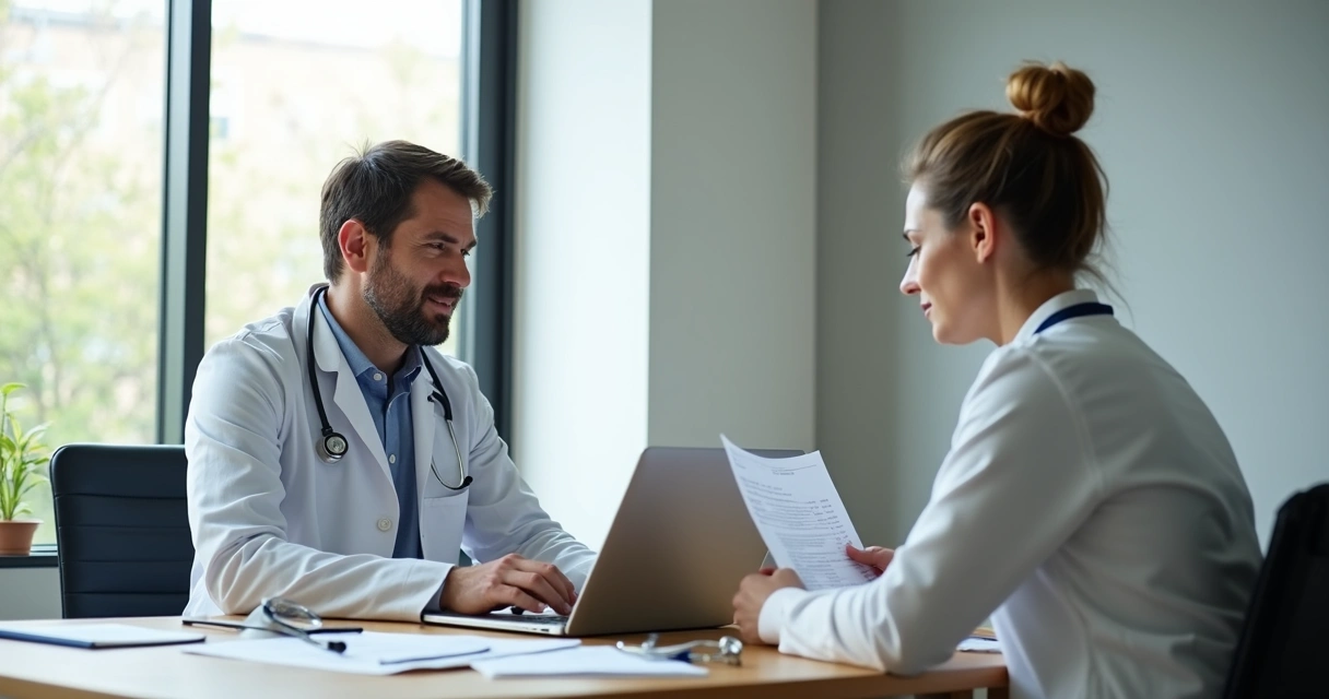 Médico e contador analisando emissão da NFS-e em consultório 