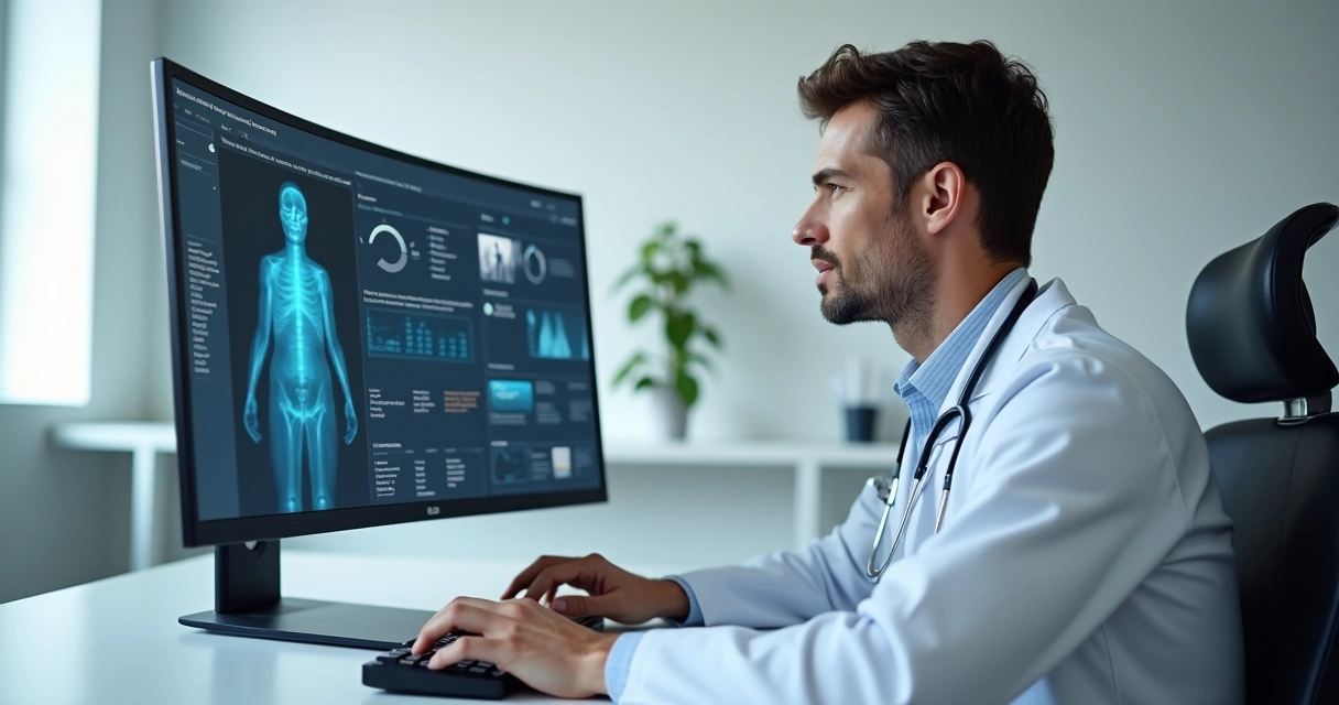 Médico humano trabalhando ao lado de computador com IA 