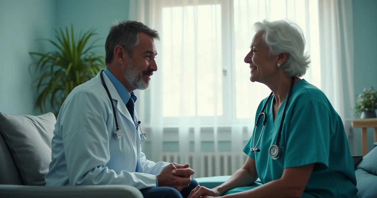 Médico e paciente conversando em ambiente acolhedor, com expressão de empatia e conexão humana 