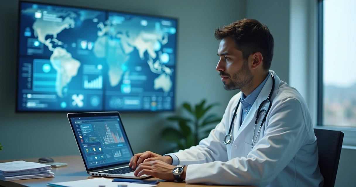 Médico usando notebook com gráficos digitais e celular sobre a mesa 