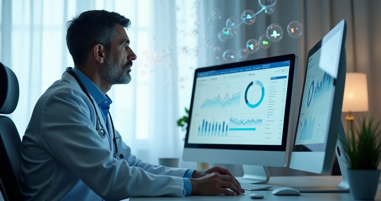Médico no consultório observando monitor com gráficos de campanhas digitais ao lado de símbolos do Google Ads e Meta Ads 