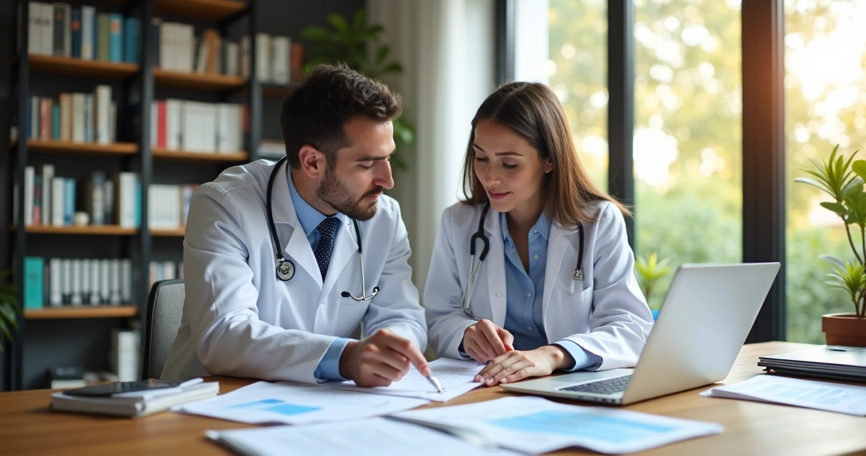 Médico em escritório com papéis e computador, analisando documentos contábeis 