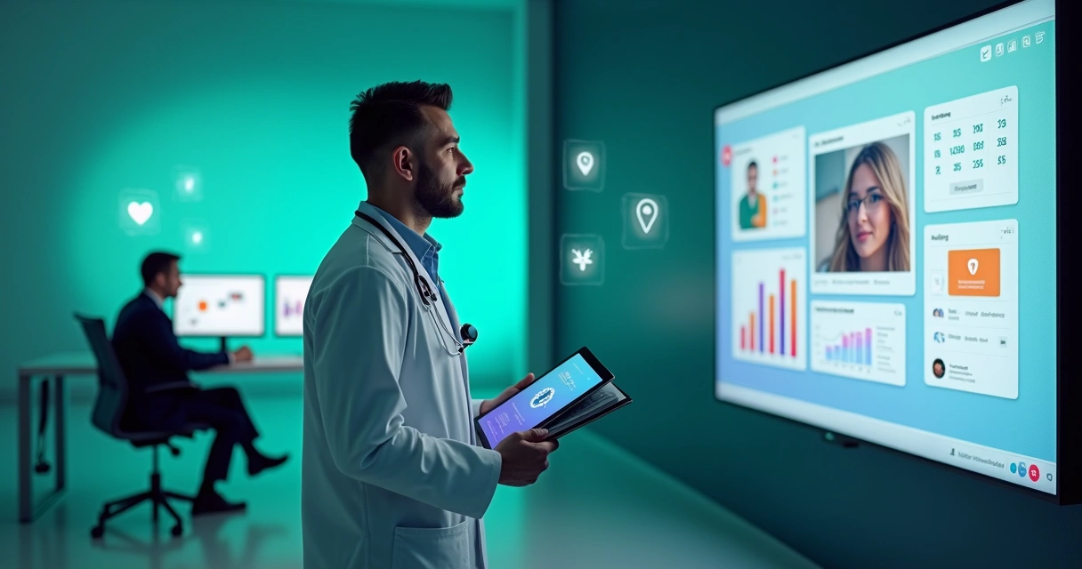 Médico em estúdio com cenário digital de marketing ao fundo 