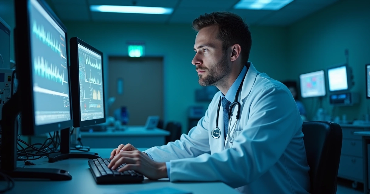 Médico trabalhando à noite durante um plantão