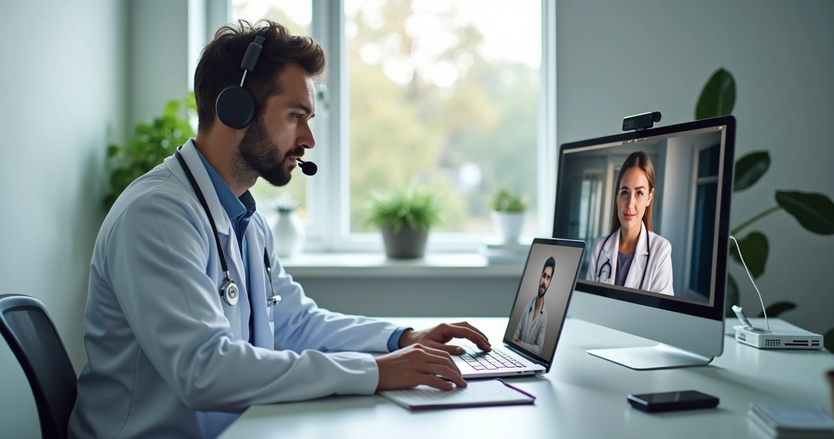 Médico em mesa de teleconsulta com notebook e headset 
