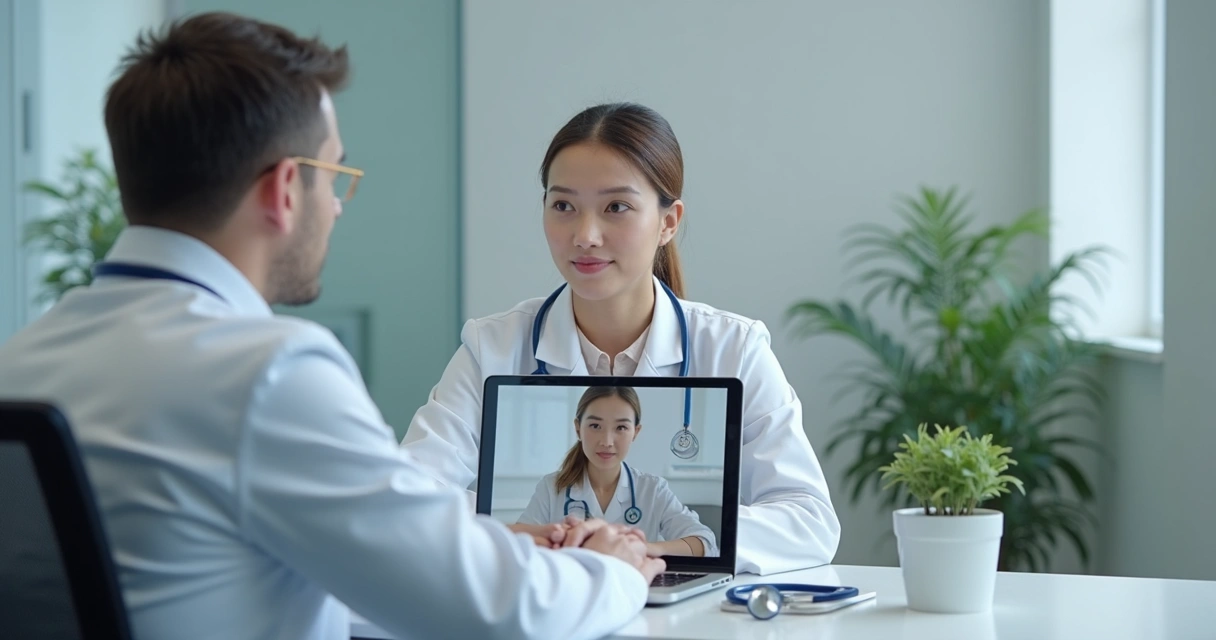 Médico em teleconsulta com boa iluminação e câmera frontal 