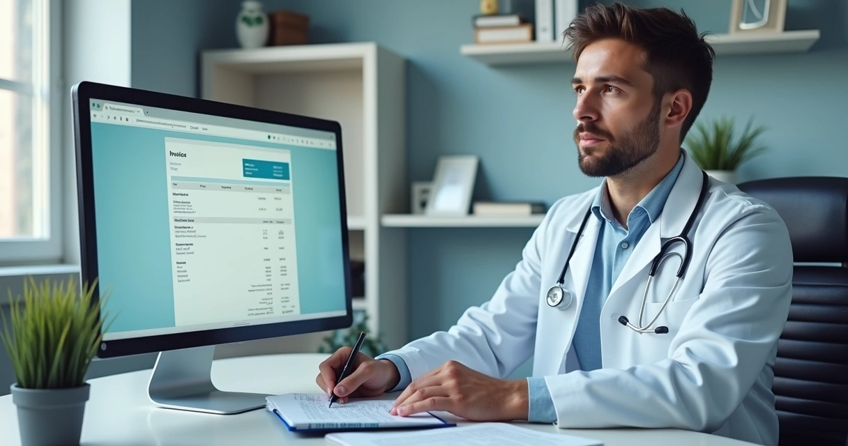 Médico sentado em frente a computador preenchendo nota fiscal digital