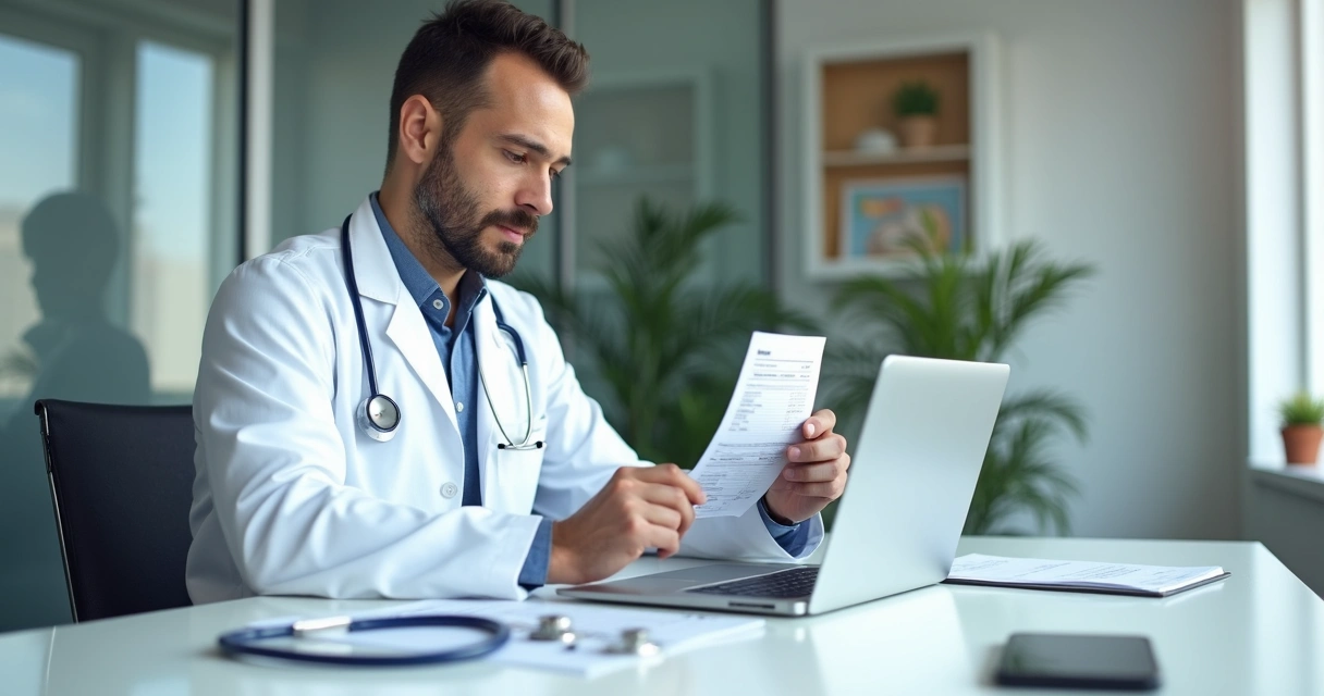 Médico usando computador para emitir nota fiscal em consultório 